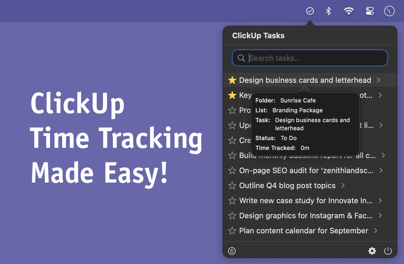 ClickTimer macOS app showing a running timer for a ClickUp task in the menu bar